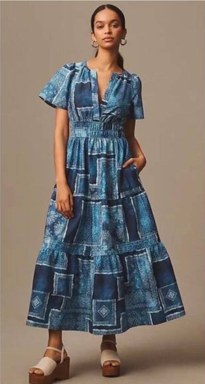 Anthropologie Somerset Blue Patchwork Maxi Dress. Size S. Ret $168.